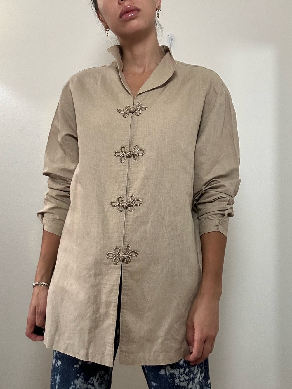 Vintage 90’s Linen Beige Frog Closure Button-Front Mandarin Collar Shirt Size M